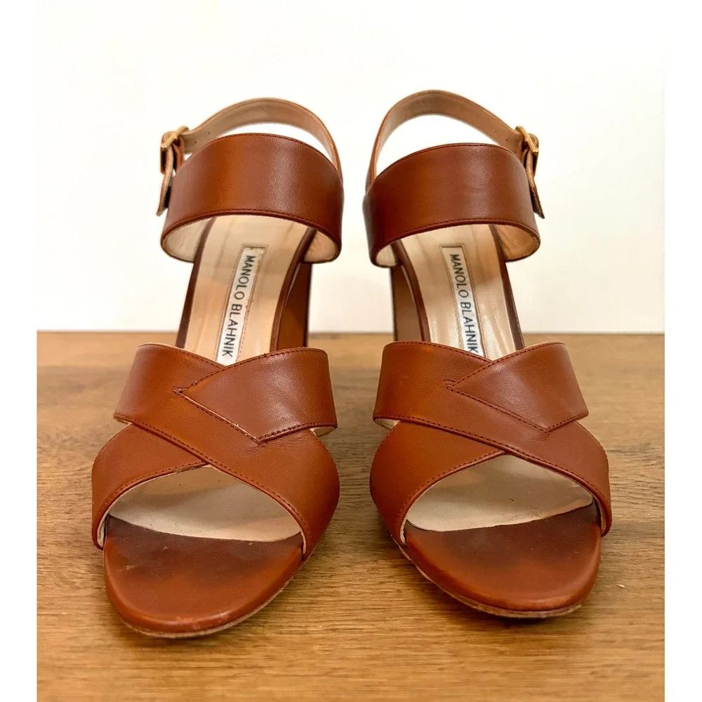 Manolo Blahnik Gorham Brown Leather Slingback Block Heel Sandals 38.5 8.5